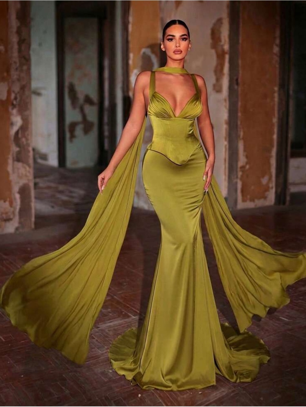 SHEIN Olive Green Satin Mermaid Gown with Draped Panels